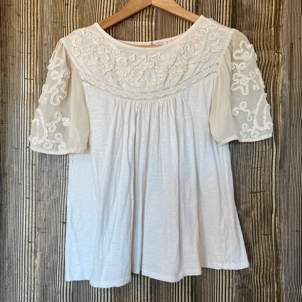 Anthropologie Blouse Sz XS White Embroidered Sheer Lace Puff Sleeve Peasant Boho